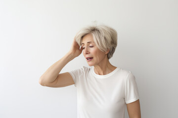 Mature woman having panic attack on light background