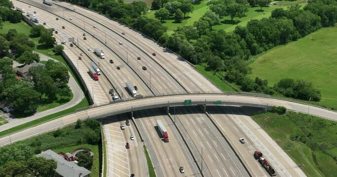 Interstate highway with cars in summer, aerial view