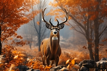Naklejka na ściany i meble Deer with nature background style with autum