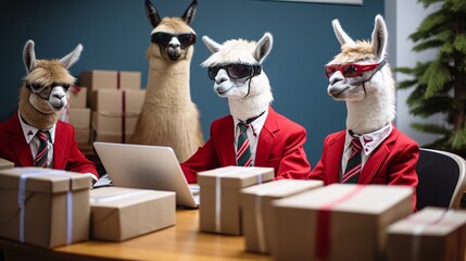 Santa's Llama Squad: Christmas-Clad Llamas Discuss Shipping Strategies.