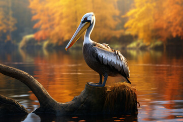 Pelican with nature background style with autum
