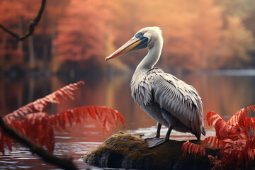 Pelican with nature background style with autum