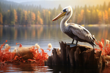 Pelican with nature background style with autum