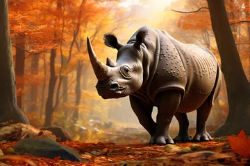 Poster rhinoceros with nature background style with autum © wendi