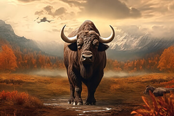 Buffalo with nature background style with autum