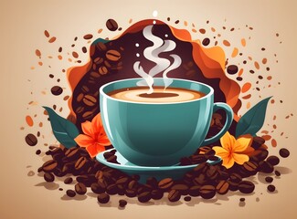 Stunning background illustration of a steaming cup of coffee surrounded by lush coffee beans