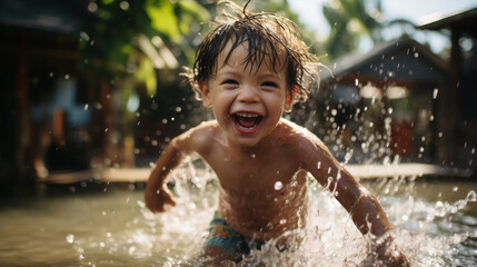 Obraz premium Sprinkler Delight: Uplifting Playtime with a Little Boy in Backyard