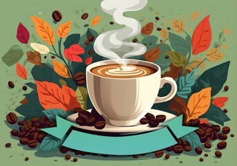 Stunning background illustration of a steaming cup of coffee surrounded by lush coffee beans