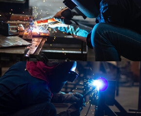 Welder is welding the steel in the factory. Weld the steel in dark. Workers wearing industrial...