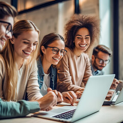 Obraz premium Enthusiastic team of people working on a startup, generative ai