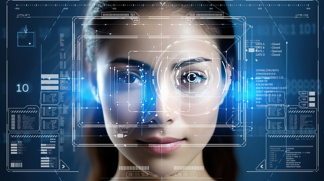 human face scrutinized with biometric analysis with a  facial recognition program, generative ai