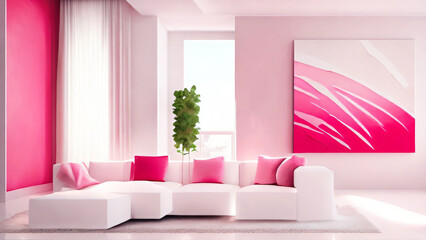 Interior of modern living room with pink walls, white sofa, and pink armchair.