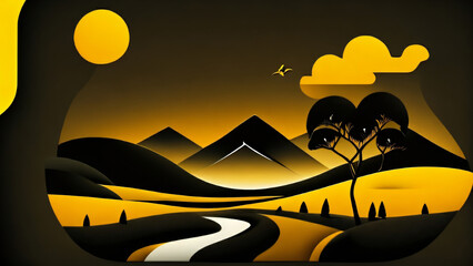 Beautiful landscape with mountains and river in paper cut style. Vector illustration.