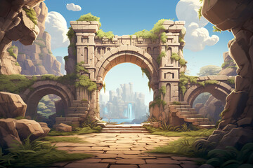 2D abstract sandstone arch background environment for adventure or battle mobile game. Cartoon style ancient sandstone arch building in game art background environment. - obrazy, fototapety, plakaty