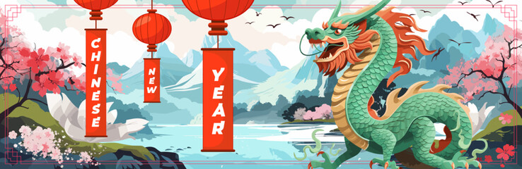 Obraz na płótnie Canvas Chinese New Year 2024 banner. China dragon zodiac sign on river backdrop with lanterns. Asian festival horizontal poster. Creative typography art cover. Oriental traditional mythical vector serpent