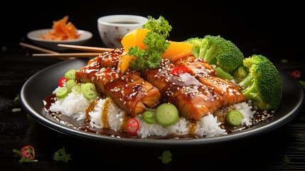 white rice with teriyaki beef and cut vegetables on a plate with black and blurry background