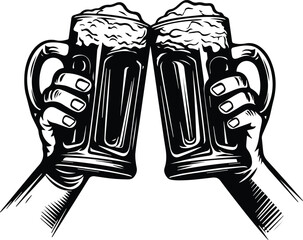 Beer Mugs In Hands Logo Monochrome Design Style - obrazy, fototapety, plakaty