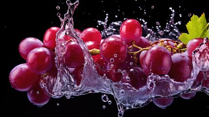 Fototapeta na wymiar flying fresh grapes exposed to splashing water on black background and blur