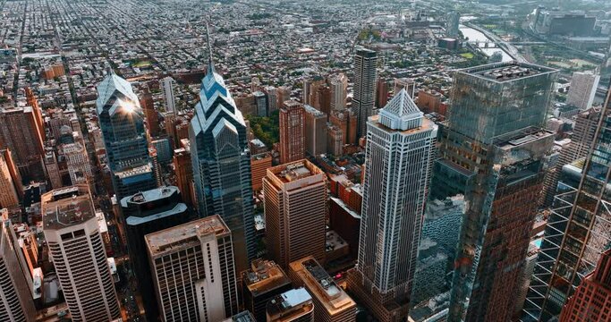 Downtown of Philadelphia from top view. Amazing skyscrapers shining in the sun. Cityscape at backdrop.
