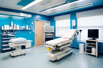 Equipment and medical devices in modern operating room. Side view