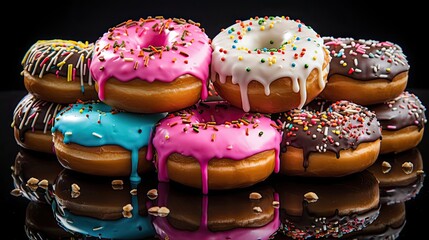 sweet donuts filled with melted chocolate and sprinkles with a blurred background