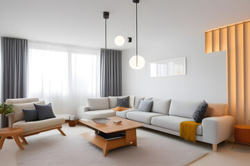 Modern interior japandi style design livingroom. Lighting and sunny scandinavian apartment with plaster and wood. Side view