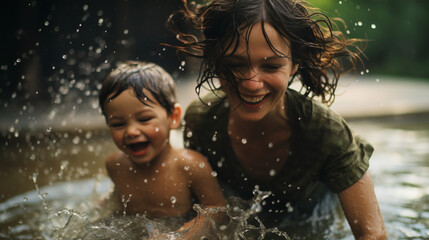 Obraz premium Water Play Harmony: Spirited Moments of Mother and Son 