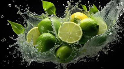 Fresh green limes splashed with water on black and blurred background