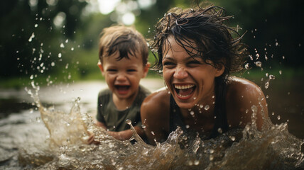 Obraz premium Water Play Harmony: Spirited Moments of Mother and Son 