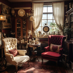  A vintage studio thats furnished with antiques 
