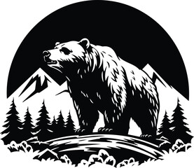 Fototapeta na wymiar Grizzly Bear Wild Forest Mountains Logo Monochrome Design Style