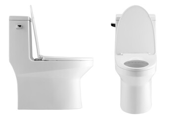 Front and side view of white toilet bowl on white