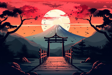 japanese style background, shrine gate leads to the mountain - obrazy, fototapety, plakaty