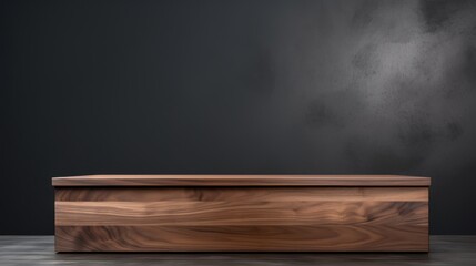 a background wallpaper of a wooden walnut texture podium square plate desk table bench in a grey studio. dark black wall in the background. a stand for a product ad. empty copyspace. Generative AI