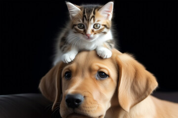 cute kitten on dog head