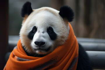 a panda wearing a winter scarf