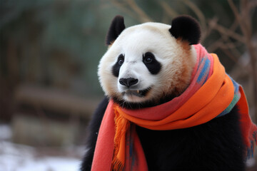 a panda wearing a winter scarf
