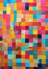 A vibrant, multicolored patchwork quilt