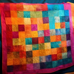 A vibrant, multicolored patchwork quilt