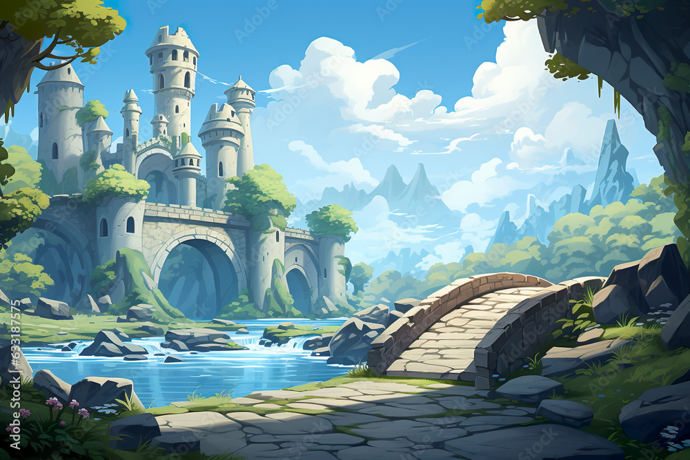 Wall mural background environment of a 2d abstract stone bridge for adventure or battle mobile game. cartoon st