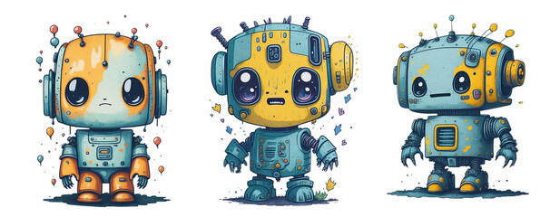 Collection of Watercolor Cute Baby Robot Isolated on Transparent And White Background.