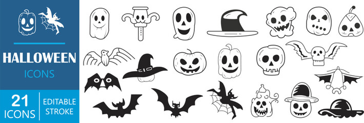 Halloween hand drawn icons. Halloween line icons and  silhouette icons set. Vector illustration