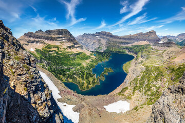 Top view of Hidden Lake in Glacier National Park, Montana with, from left to right, Bearhat...