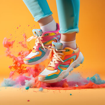 A burst of summer vibes in a vibrant photo showcasing colorful sneakers with splashes of paint