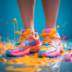 A burst of summer vibes in a vibrant photo showcasing colorful sneakers with splashes of paint