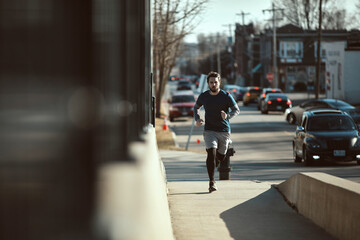 Young man jogging and exercising on a sidewalk on a bridge in the city