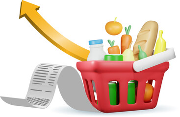 Cost of living, growth of grocery price, economic inflation concept. Grocery foods and drinks in shopping basket with high graph and receipt bill. 3D PNG.