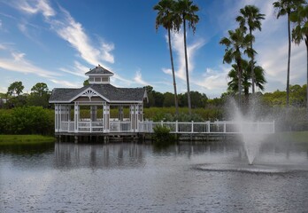 Pavilion on Lake Under Blue Sky