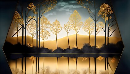 golden trees reflected in a lake on a black sky background wallpaper texter