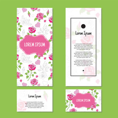 Vector rose flowers and leaves vertical frame pattern invitation greeting cards, RSVP and thank you cards
